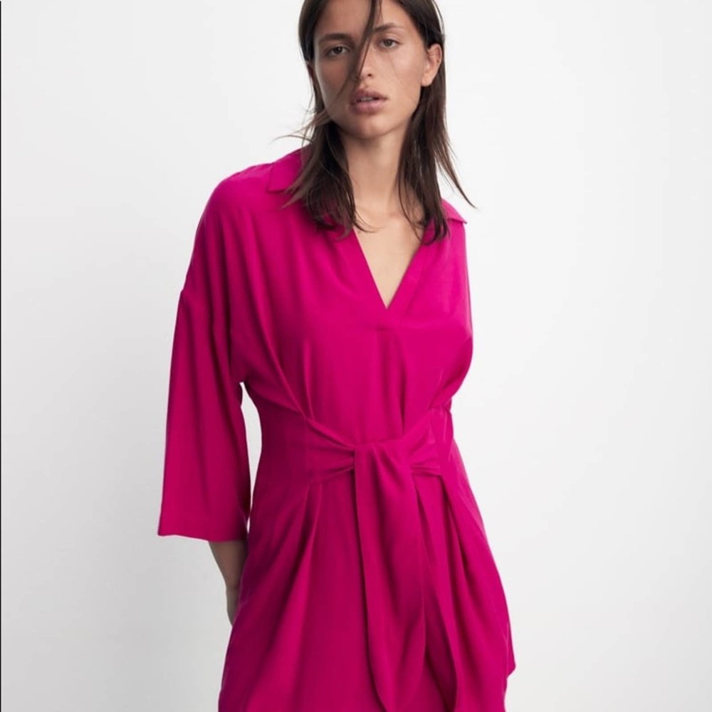 ZARA BLOGGER FAVORITE KNOTTED WAIST MINI DRESS FUCHSIA - Picture 3 of 7